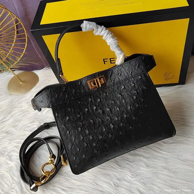 Affordable HOT Petite Leather ISeeU Peekaboo Ostrich In Fendi Black Bag 0518